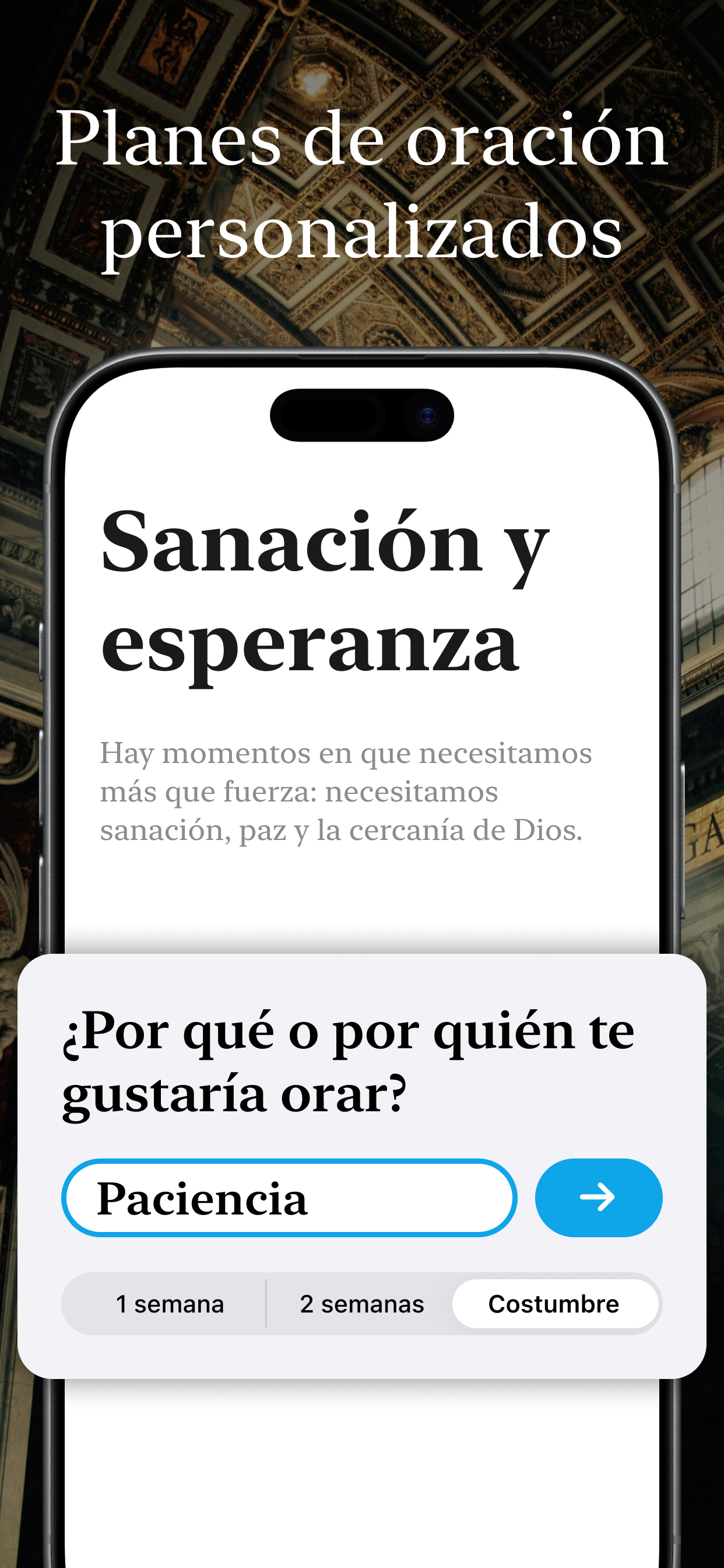Vista previa de la app católica Corvia: pantalla de inicio para la oración y la lista de novenas